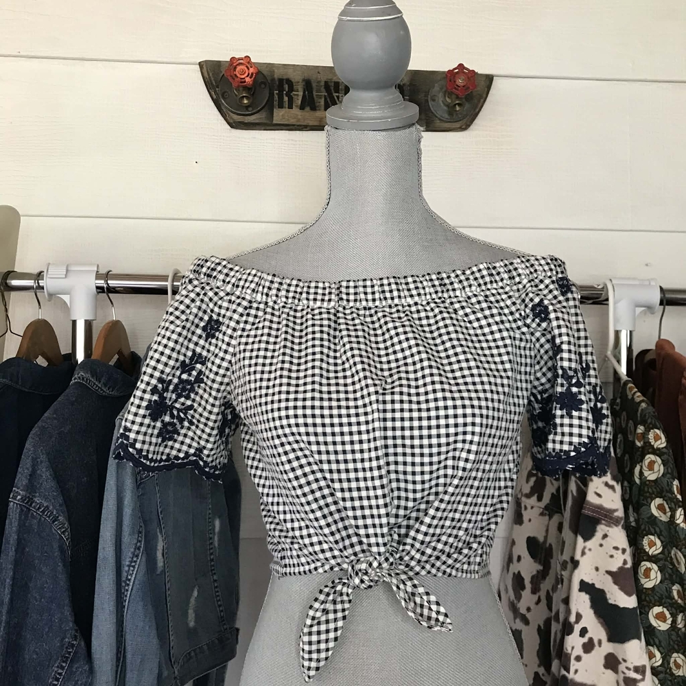 Forever 21 Black and White Gingham Off-Shoulder Blouse